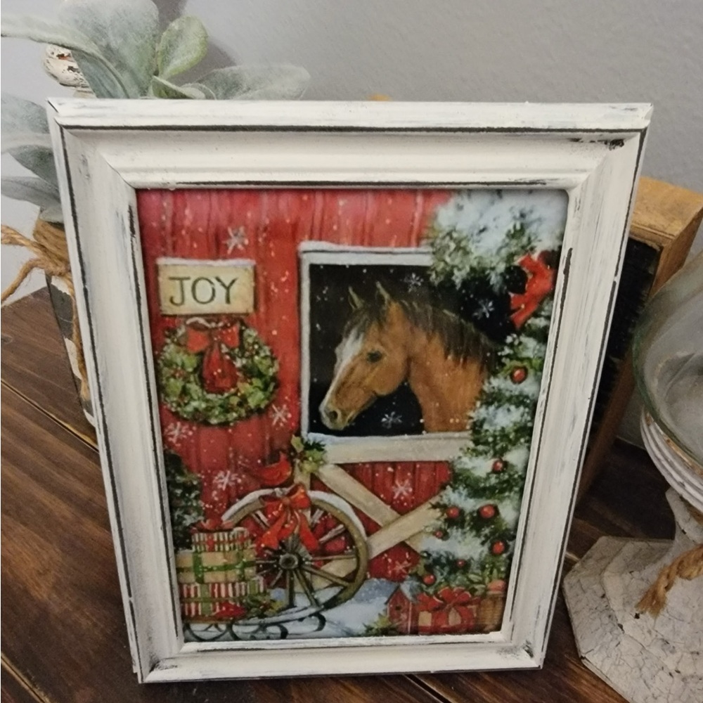 Farmhouse Christmas horse barn tree picture 5x7 w/frame